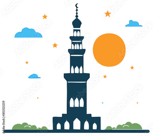 Eid Mubarak vector with mosque, moon, stars and clouds, celebrating Muslim holidays during Ramadan Kareem in a minimalist style.