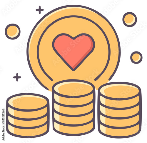 Coins Stack with Heart Shape Symbol. Concept Illustration for Business, Finance, Investments, Charity, and Crowdfunding Icons