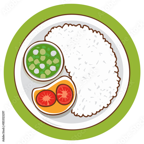 Asian inspired meal with generous portion of white rice savory green curry and fresh tomatoes