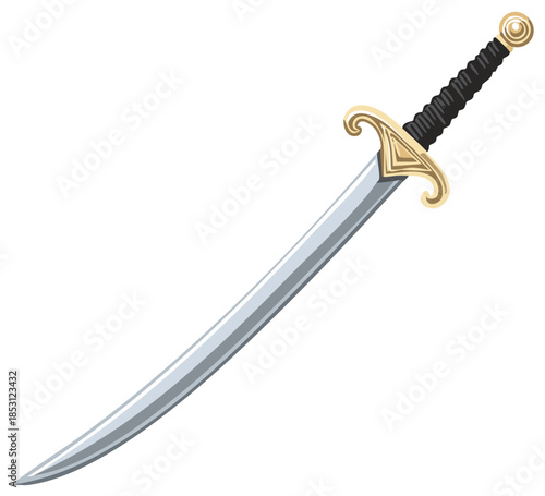 Elegant curved sword with golden ornate hilt and black grip vector illustration