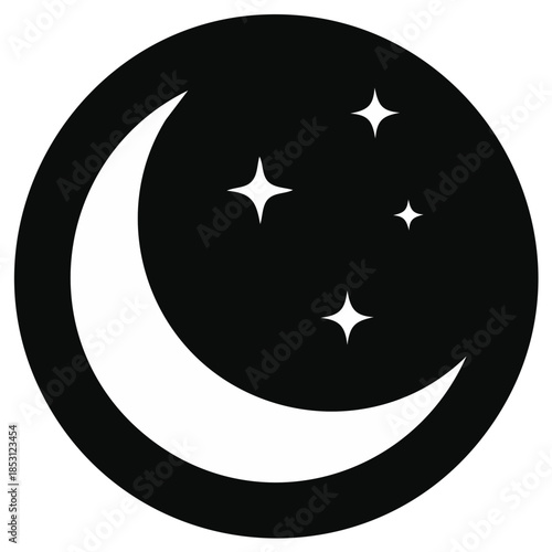 Graphic icon of a white crescent moon and multiple twinkling stars against a dark night sky circle