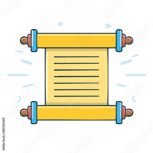 Colorful cartoon icon of an unrolled ancient parchment scroll with text lines for a message, decree, or diploma.