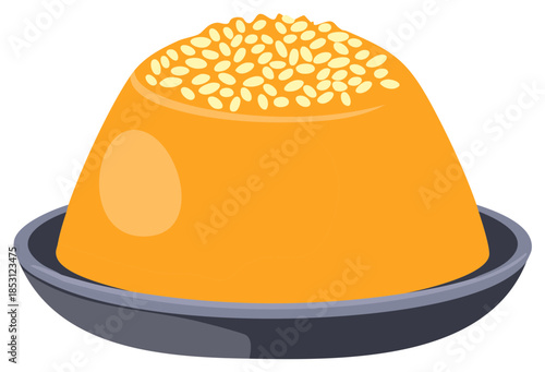 Bright orange sweet dessert topped with crunchy golden seeds served in a dark round bowl