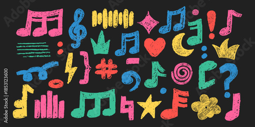 Crayon doodle hand drawn music elements. Chalk music symbols with crayon pencil texture. Doodle music note wave