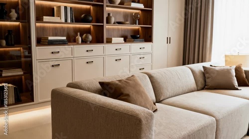 Medium shot of living room custom cabinetry with open shelves and concealed compartments blending style with organized storage