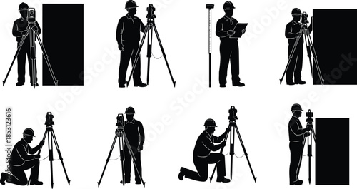 Surveyor silhouette illustration set showing land surveyors using total station tripod and measuring equipment isolated on white background engineering concept