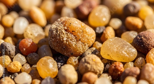A diverse assortment of smooth, polished stones and pebbles in various shades of brown and amber are scattered together on a sandy surface.