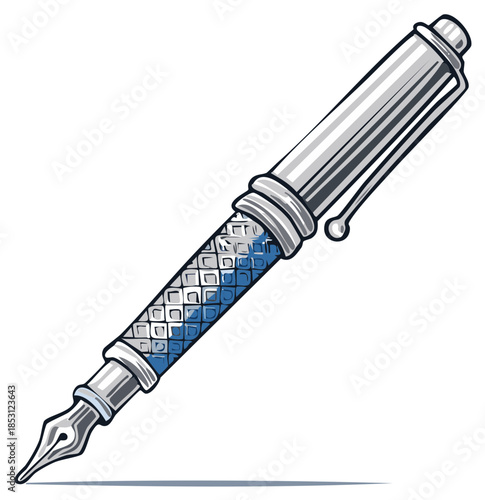 Illustration of a stylish fountain pen with a silver and blue design ready for writing