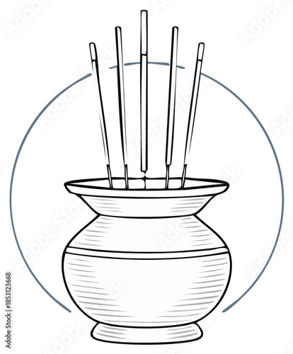 Incense sticks in a decorative pot, spiritual, cleansing, aromatherapy, minimalist line art