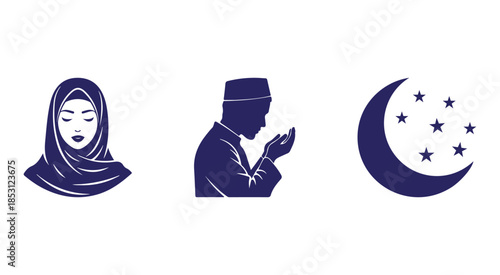 Illustrations representing islam and muslim concepts including a woman in hijab, praying man, and crescent moon