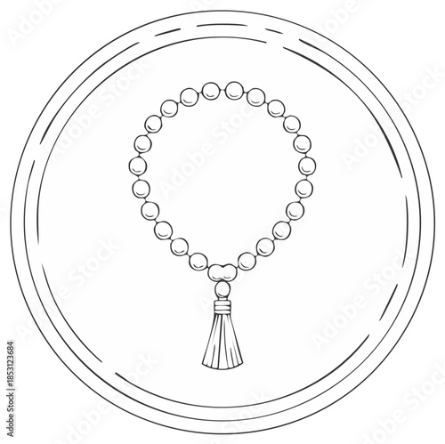 Delicate Hand Drawn Rosary Beads Illustration in Circle Outline Frame