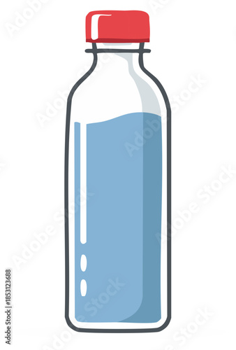 Cartoon water bottle with red cap filled with water - Hydration and healthy lifestyle