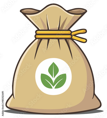 Cartoon brown sack tied with yellow string displaying a green leaf eco symbol vector illustration