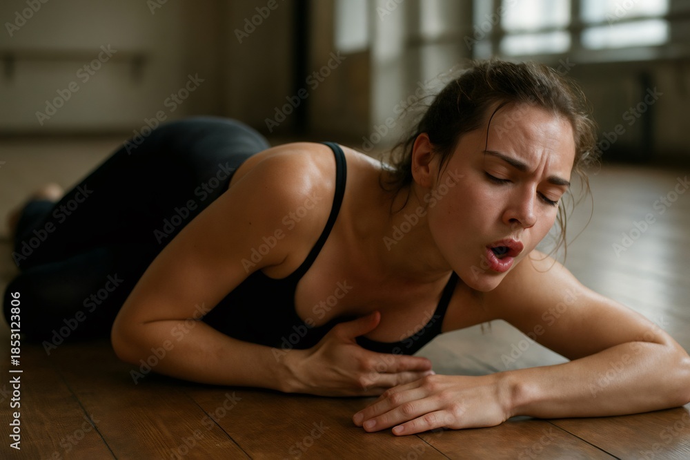Fototapeta premium Young woman lying on studio floor, sweating and gasping for air from physical exhaustion, pushing herself to the limit