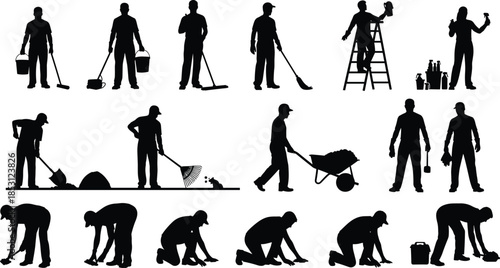 Set of maintenance and construction worker silhouettes performing cleaning, painting, gardening and repair tasks, black isolated vector illustration collection