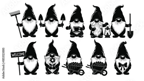 Cute garden gnome character silhouette collection with tools lantern flowers wheelbarrow flat vector illustration isolated on white background design