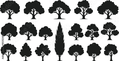 Tree silhouette illustration set featuring various deciduous and conifer trees isolated on white background for nature landscape design concept