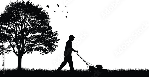 Gardener mowing lawn silhouette, man cutting grass near tree with birds, outdoor landscaping vector illustration nature scene design