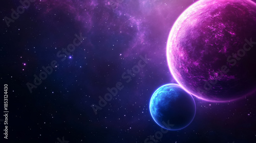 Surreal cosmic fantasy with magenta binary star system and blue planets