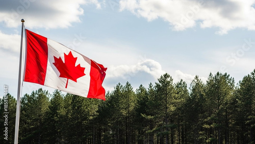 The canadian flag waving proudly against a backdrop of lush evergreen trees