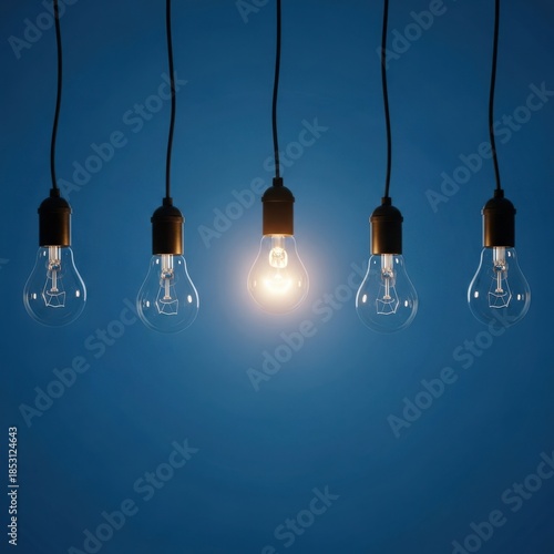 Single light bulb illuminated among dark ones