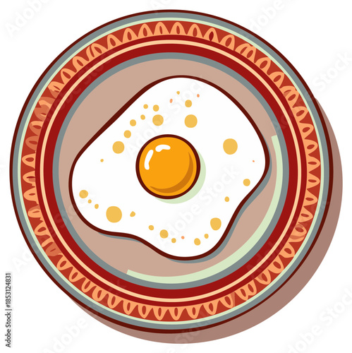 Cartoon illustration of a fried egg on a decorative plate, breakfast food concept