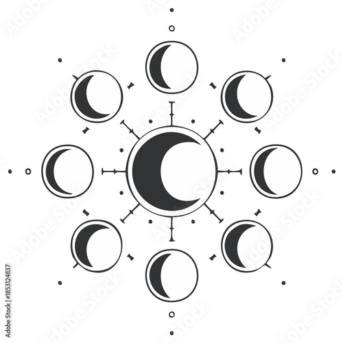 Vector illustration of the complete lunar cycle showcasing eight moon phases around a central crescent