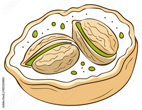 Artistic depiction of cracked pistachio nuts in a creamy white dessert or pastry