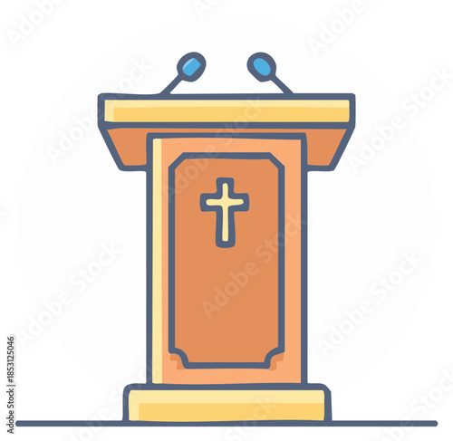 Illustrated church pulpit with cross and microphones for religious speeches and ceremonies