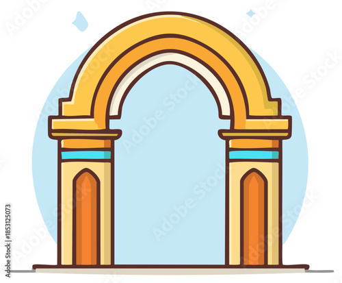 Cute cartoon architectural archway or gate for entry in gold and teal on a light blue background