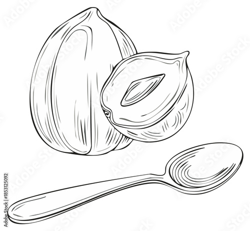 Hand-Drawn Hazelnuts with Spoon Line Art Illustration for Food Packaging and Recipe Designs