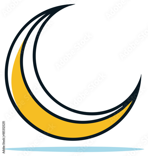 Playful yellow crescent moon graphic illustration with dark outline representing night and celestial themes