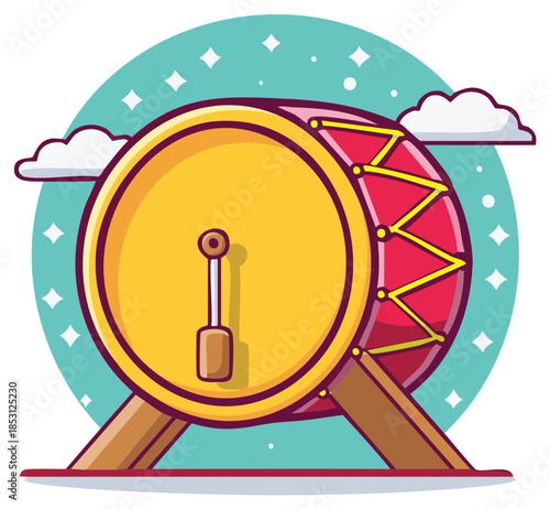 Festive Traditional Drum with Mallet on Stand, Surrounded by Stars and Clouds