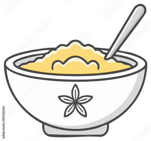 Hand Drawn Bowl of Cereal with Spoon and Flower Design
