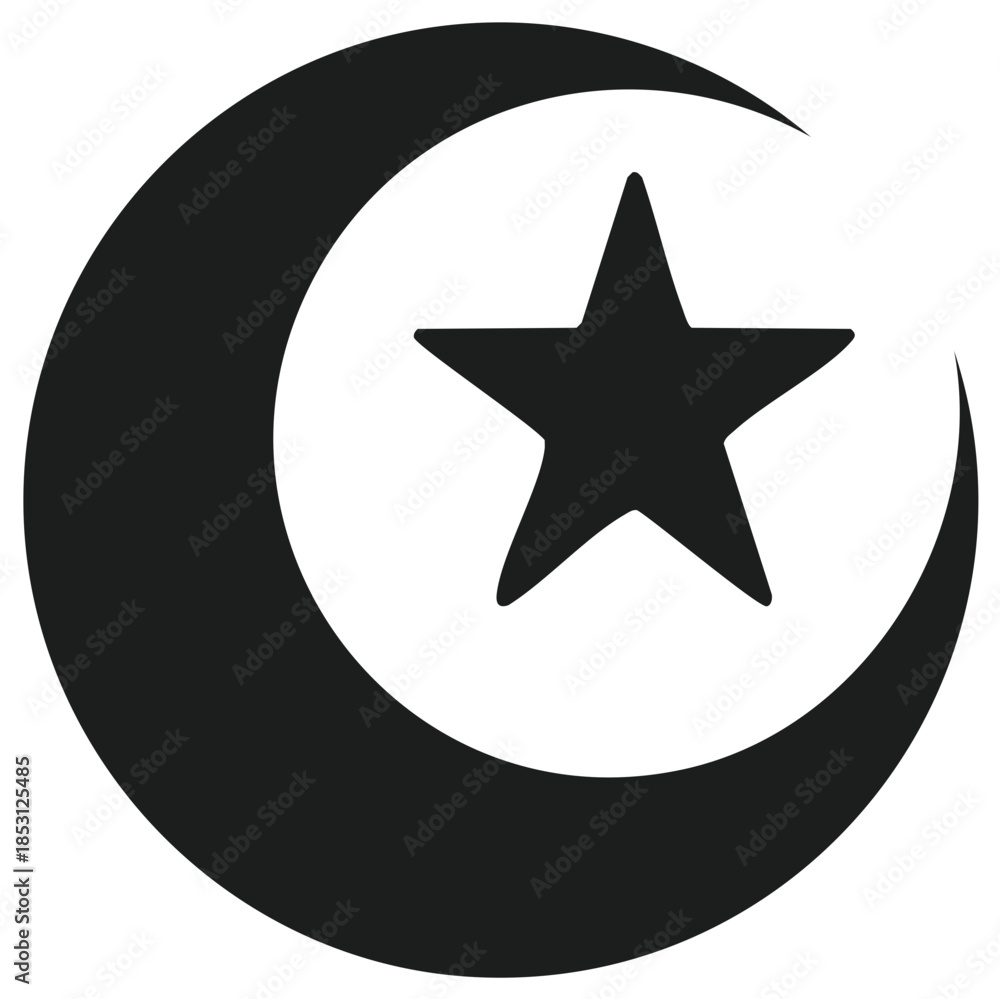 Fototapeta premium Graphic black crescent moon and five-pointed star icon, a timeless spiritual symbol