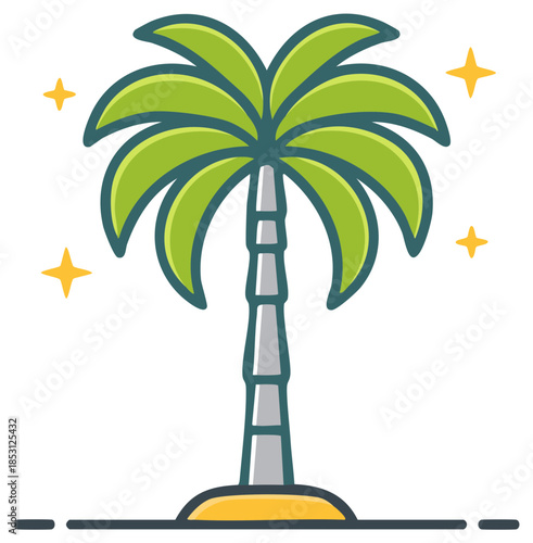 Palm tree with stars and sand in cartoon style. Isolated tropical plant for vacation or holiday on a tiny island.