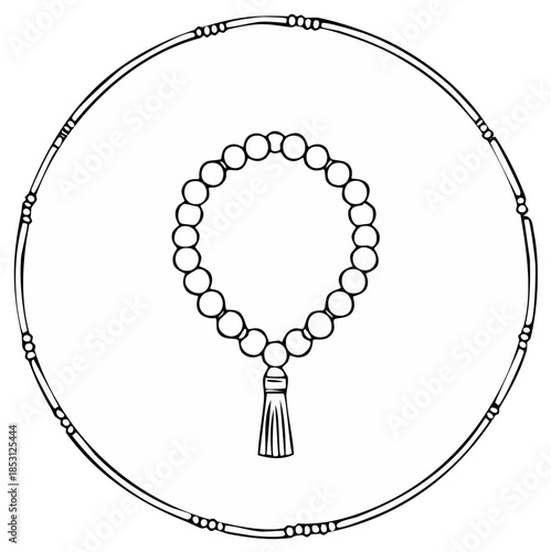 Traditional prayer beads with a tassel surrounded by an elegant round decorative border illustration