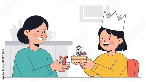 This charming flat design illustration captures the moment a child, crowned 'king' after finding the fève in a Galette des Rois, receives a gift during Epiphany celebrations.