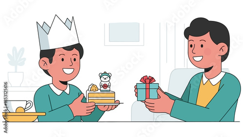 This charming flat design illustration captures the moment a child, crowned 'king' after finding the fève in a Galette des Rois, receives a gift during Epiphany celebrations.