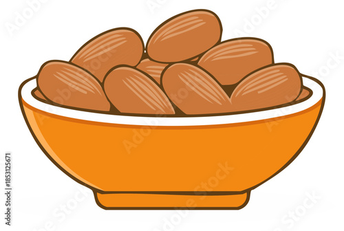 Healthy brown almonds in a bright orange serving bowl, ready for snacking, clean vector style illustration.