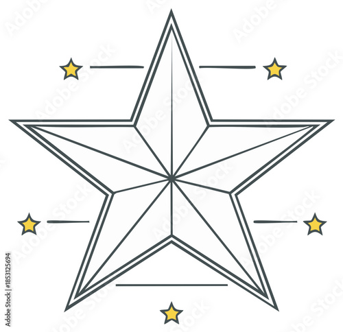 A large outlined five pointed star surrounded by smaller yellow stars and connecting lines in a simple graphic illustration