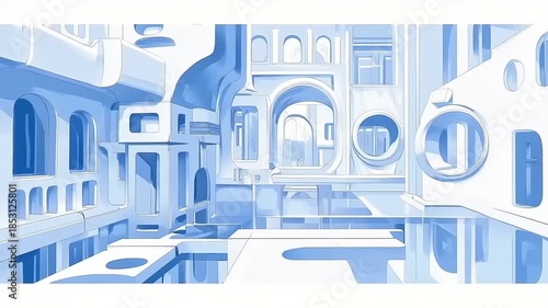 Minimalist surreal blue cityscape illustration with abstract arches and tranquil water pools