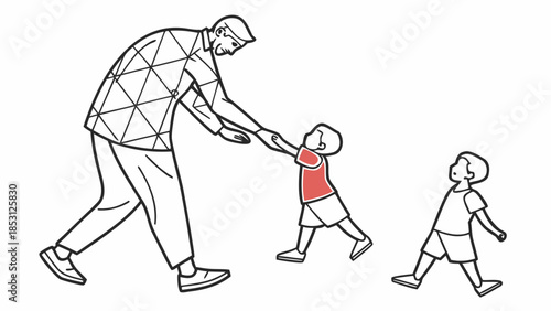 A man holding a toddler's hands while another child walks alongside, depicting family interaction.