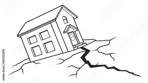 A house tilting on cracked ground, illustrating an earthquake or ground instability.