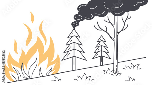 A cartoon illustration showing a forest fire with large flames, burning pine trees, and thick black smoke rising into the sky.