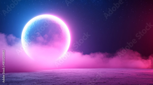 Surreal neon pink moon with turquoise crater and glowing mist under starry sky