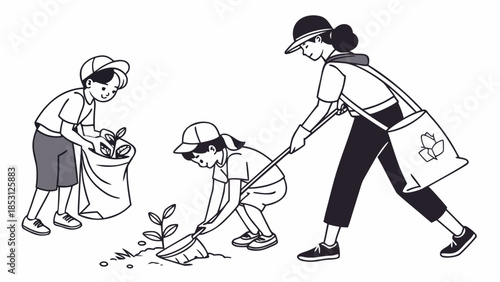 An adult and two children engaging in environmental activities, planting a tree and collecting trash outdoors.