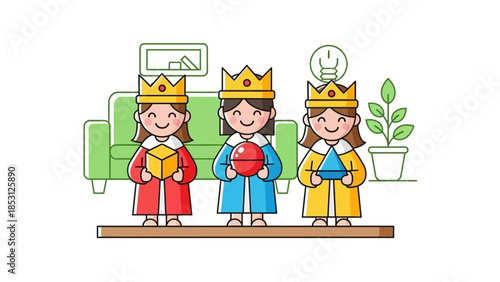 A delightful flat design illustration capturing children joyfully reenacting the Three Kings story, a charming aspect of Epiphany celebrations.