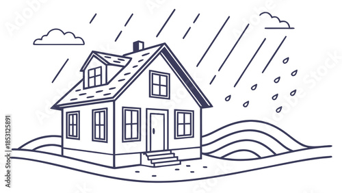 A line drawing of a house experiencing heavy rain and potential flooding, depicting a natural disaster scenario.