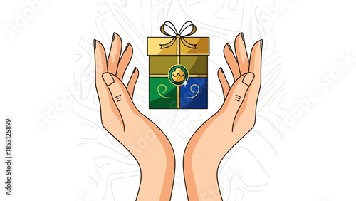 An elegant flat design illustration focusing on the act of offering precious gifts, symbolizing the traditional offerings of the Magi during Epiphany.